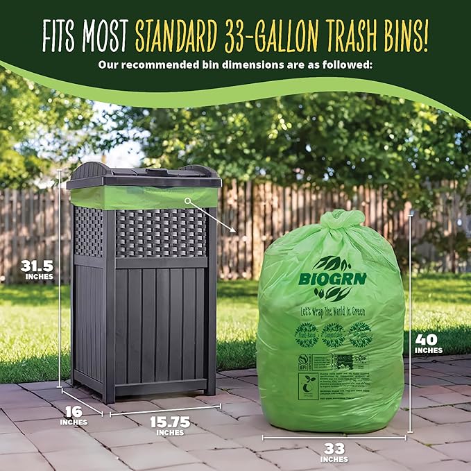 30-33 Gallon Compostable Trash Bags Flat-Top 30 Bags Heavy Duty1.57 Mil, 124.92 Liter Large Lawn and Yard Waste Bag for Outdoor Garden ASTM D6400, US BPI and OK Compost Home Certified