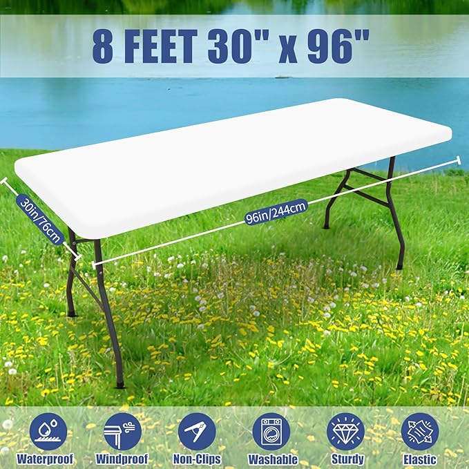 Spandex Picnic Table Cloth 2 Pack, Elastic Fitted Tablecloths for 8 Foot Rectangle Tables, Stretch Washable Patio Table Cover for Outdoor, Camping, Banquet and Parties (White, 30"x96")