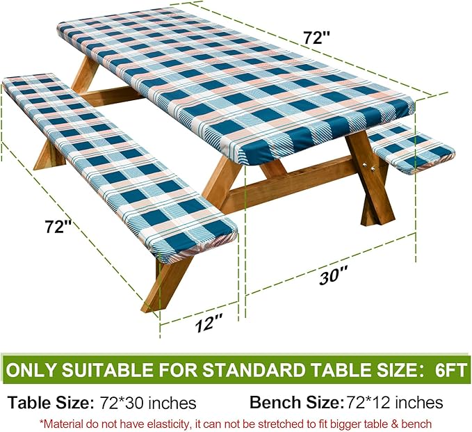 Picnic Table Cover with Bench Covers Camping Essentials Waterproof Windproof Camping Tablecloth with Drawstring Bag, Fitted Rectangle Tables and Seats, 72in, Green Checkered