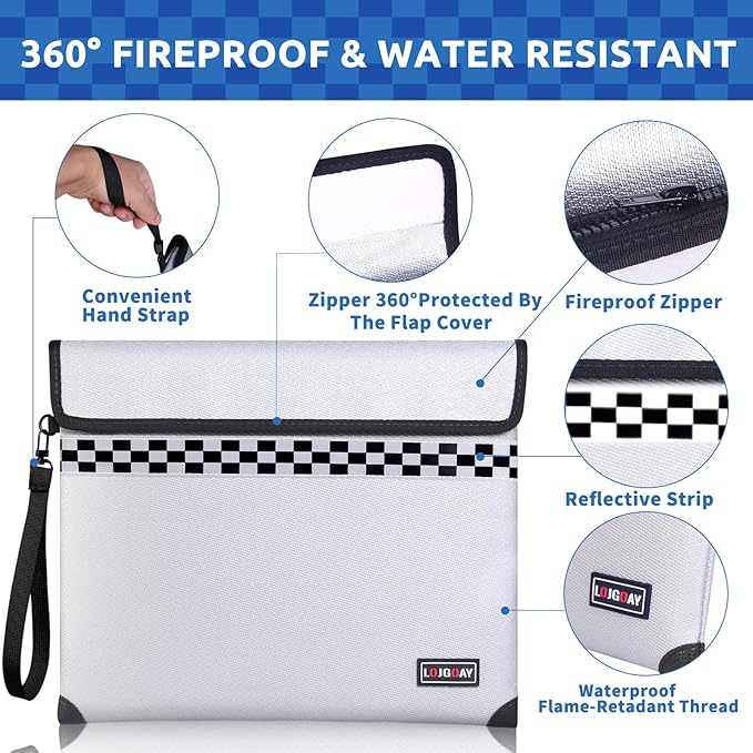 Upgraded Fireproof Document Bag - with 6200°F Heat Insulated, Fireproof Money Bag for Cashwith Fireproof Zipper, 9 Layers of Functional Materials, Water Fire Proof Bag Fireproof Bag (Silver, 13"x11")