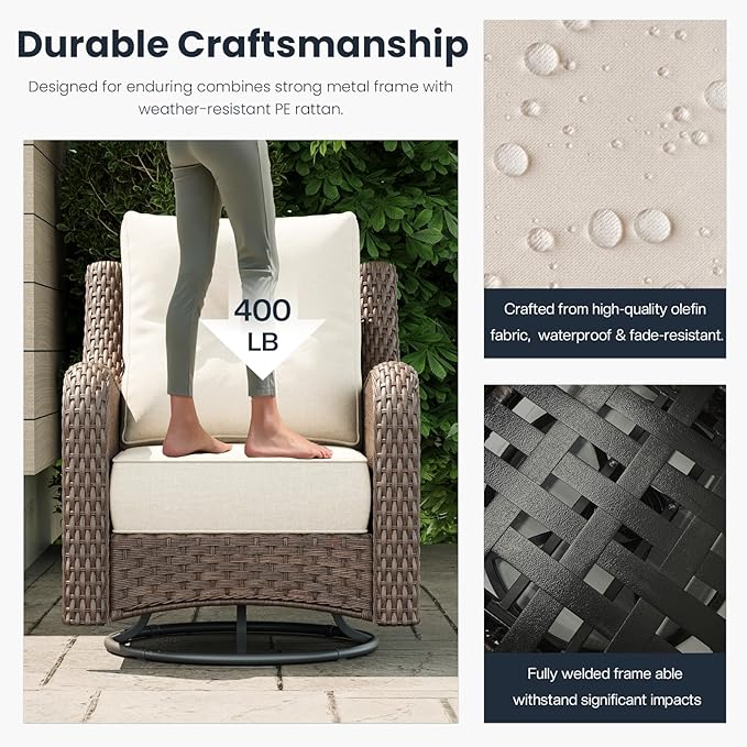 7 Pieces Outdoor Patio Furniture Sets with Rocking Swivel Chairs with 6-inch Thick Cushion and Fire Pit Table for Deck Lawn