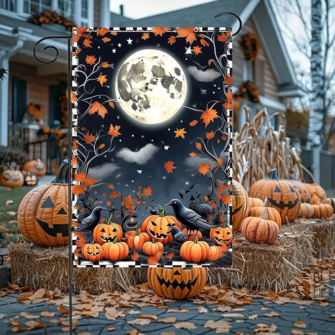 Halloween Garden Flag for Outside 12x18 Inch Double Sided, Crow Pumpkin Small Yard Flags for Outside, Outdoor Welcome Flag Front Porch Decorations for Home