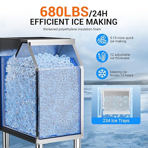 Commercial Ice Maker Machine 680Lbs/24H – Nugget Ice, 12 Adjustable Thickness Settings, 650Lbs Storage, Ideal for Restaurant, Bar, Hotel, Cafe (680lbs)