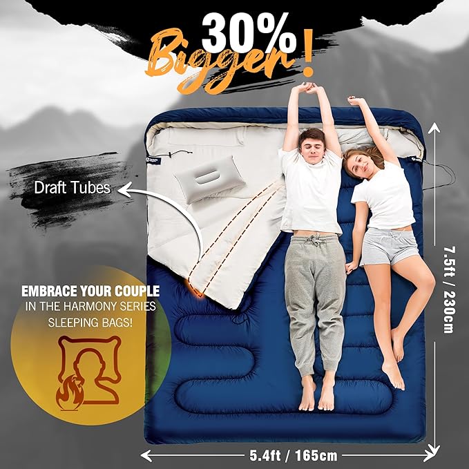 Double Sleeping Bag with Pillow for Adults - Queen Size Two Person Sleeping Bag - 3 Season Cold Weather Camping Sleeping Bag