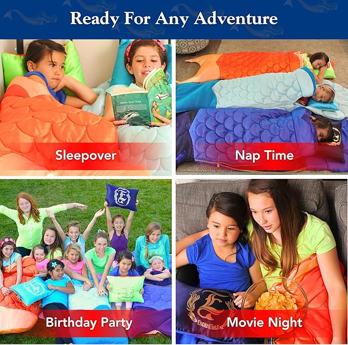 Mermaid Tail Blanket for Kids - 5-Piece Glow in The Dark Girls Slumber Set - Wearable Mermaid Tail Sleeping Bag - Ideal for Sleepovers