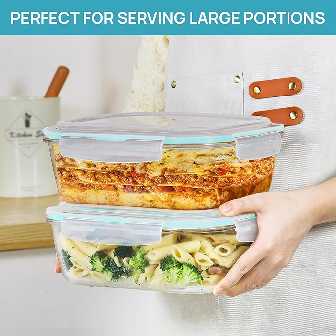 Vtopmart 2Pack 2260ml/ 76.4oz Large Glass Storage Containers with Lids, Meal Prep Food Container Set with Snap Airtight Lid for Baking, Microwave, Oven, Leak Proof, for Freezer, Dishwasher, Green