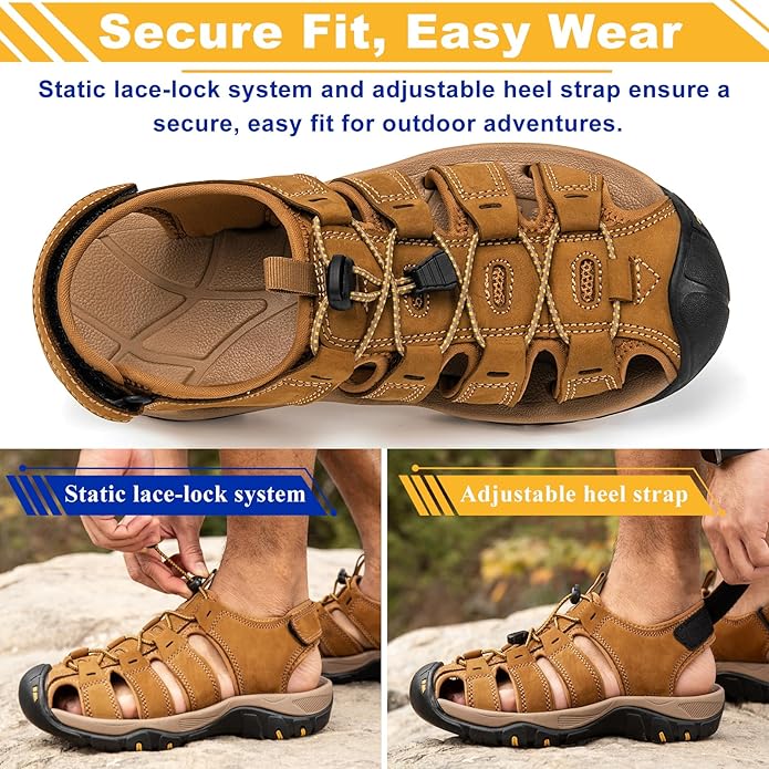 Men's Sport Sandals Closed Toe Leather Hiking Athletic Walking Outdoor Beach Trail River Fishing Water Shoes Lightweight Comfortable Waterproof