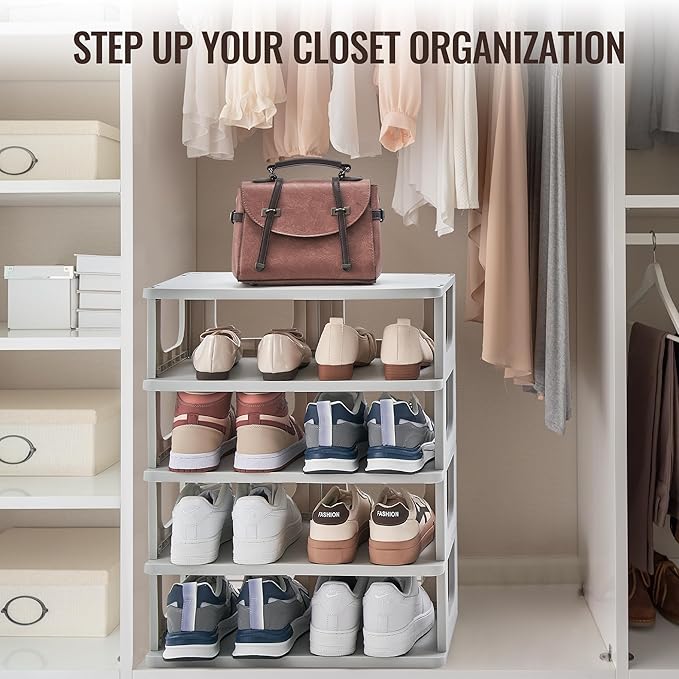 TRZZ 7-Tier Small Shoe Rack, Vertical Narrow Stackable Organizer with Removable Partition, Efficient Shoe Storage for Closet, Entryway, and Small Spaces (Grey)