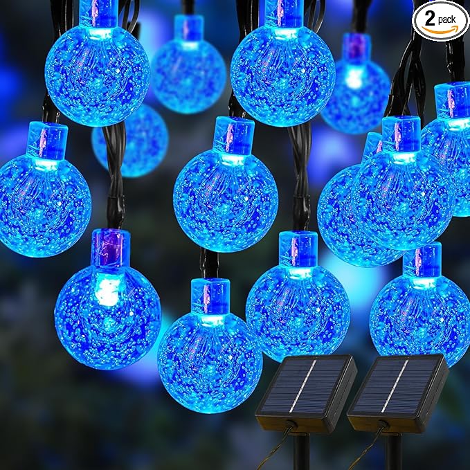 Solar Lights Outdoor Waterproof, 2 Pack Total 120LED 72FT Solar String Lights for Outside with 8 Modes, Outdoor String Lights Crystal Globe Patio Lights for Garden Yard Party Decor (Bule)