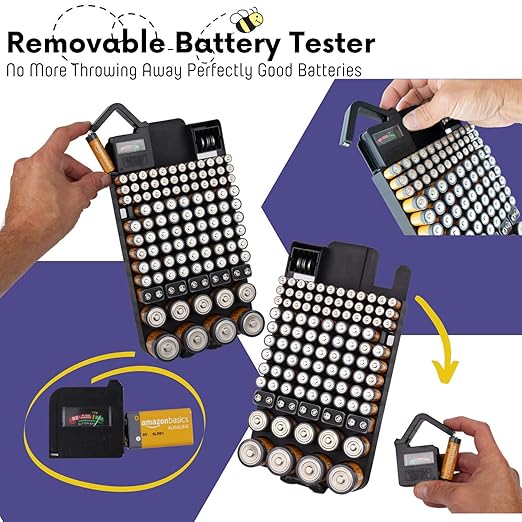 Bee Neat Battery Organizer and Storage Case with Tester - Battery Storage Box for Wall or Drawer - Max. 114 Batteries AA, AAA, 9Volt, C, D & Watch Batteries