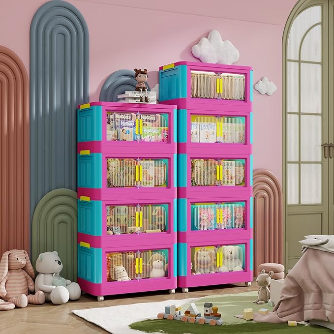 Holaki 195 QT Storage Bins with Lid, 5 Tiers Stackable Plastic Storage Bins Cabinet Box Collapsible Closet Organizers with Wheels and Magnetic Door for Princess Room, Girl(Colorful)