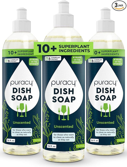 Puracy Natural Dish Soap Packs- Unscented Skin-Softening Plant-Based Dishwashing Soap, Non-Toxic Dish Soap, Fragance Free Organic Liquid Dishwashing Detergent Soap (Unscented, 16 fl oz, 3 Pack)
