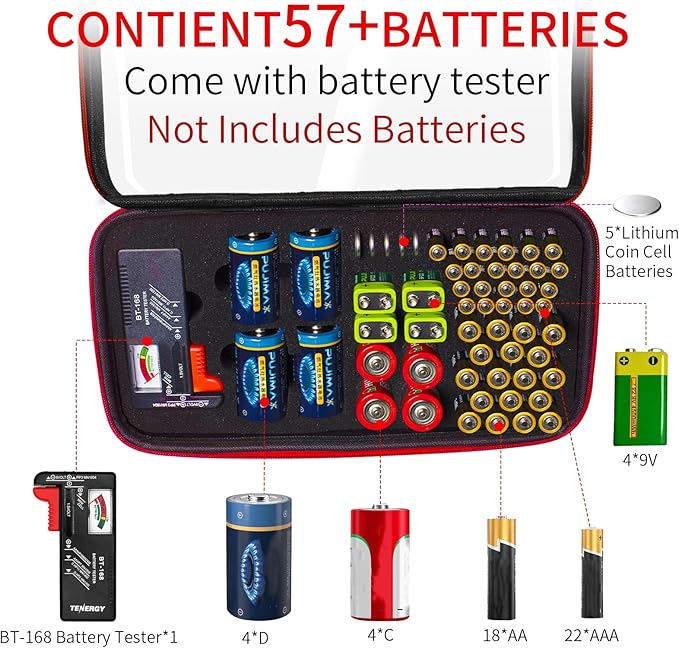 Battery Organizer Storage Case with Tester,Clear Batteries Storage Organizers Holds, Just The Right Size Slot with stable handle,Holds 57 Batteries Various Sizes（Batteries are Not Included）(Red)
