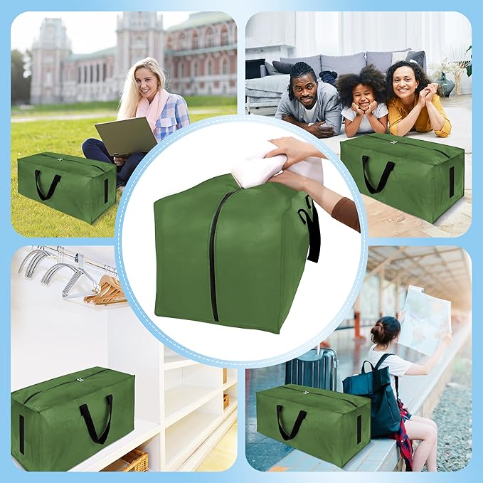 4 Pack Large Strong Moving Bags with Zippers & Carrying Handles - Water-Resistant - Heavy Duty Storage Tote for Space Saving, Fold Flat, Alternative to Moving Box (Olive Green)