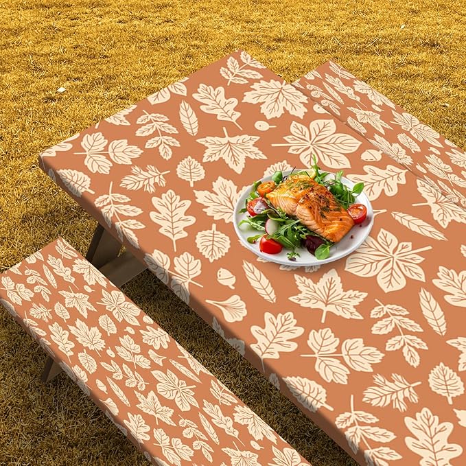 Picnic Table Cover with Bench Covers Elastic Edges, Fall Yellow Fitted Table Cover, Outdoor Patio Camping Essentials 72 Inch 3PCS, Waterproof Camping Fitted Tablecloth with Drawstring Bag