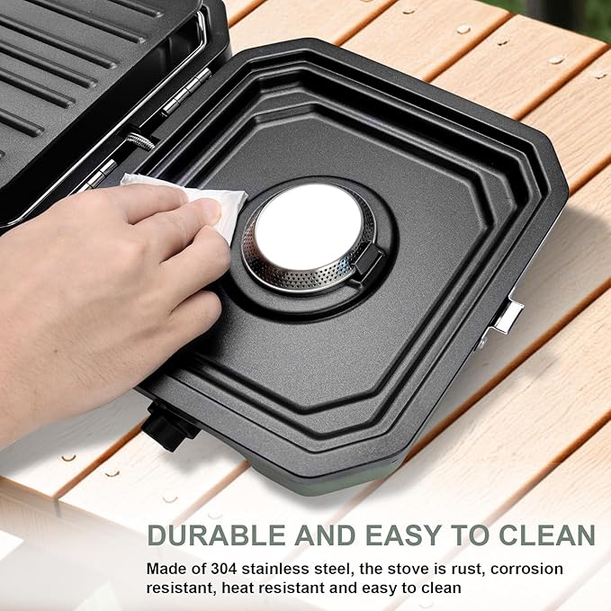 2 Burner Propane Camping Stove with Grill, 16000 BTU Portable Propane Camp Stove with 2 Adjustable Burners & Piezo Ignition, for Camping, Home Backyard, Frying Turkey, Green