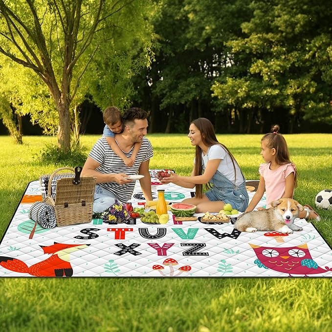Poedist Extra Large Picnic Blanket Waterproof,80"x 80"Foldable Machine Washable Beach Blanket,Outdoor Blanket for 6-8 Adults,Suitable for Indoor Crawling,Park Beach,Camping,Hiking,Family Travel(ABC)