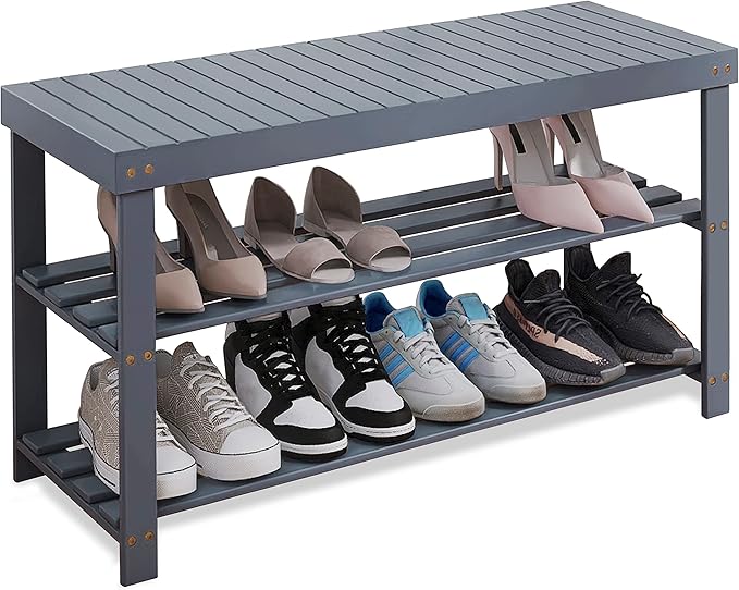 SMIBUY Bamboo Shoe Rack Bench, 3-Tier Shoe Organizer Storage Shelf for Entryway Hallway Bathroom Living Room (Grey)