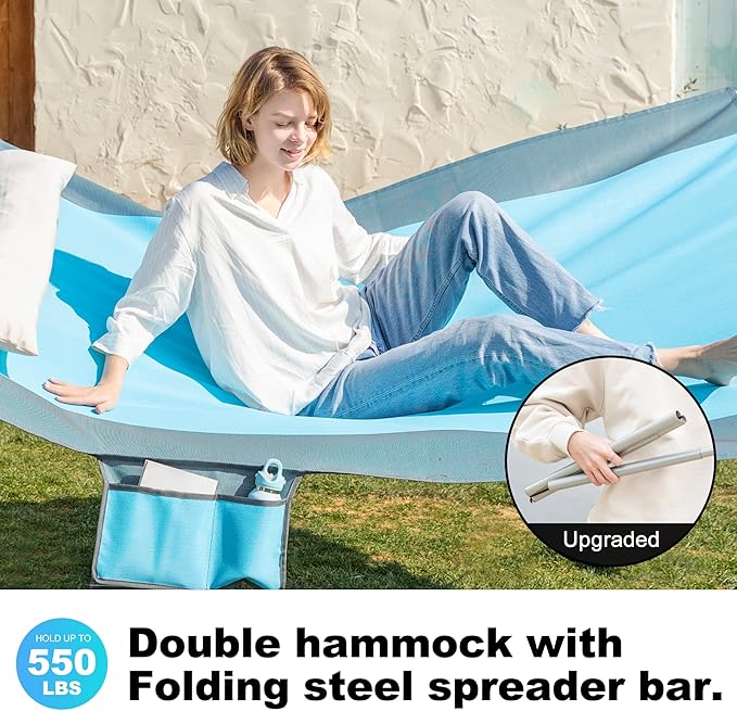 14ft 2 Person Outdoor Hammock, Portable Camping with Folding Steel Spreader Bar, Carrying Bag, Carabiners, Tree Straps, Pillow & Sidebag, Quick Dry Textilene, 550 lbs Capacity (Lakeside Aqua)