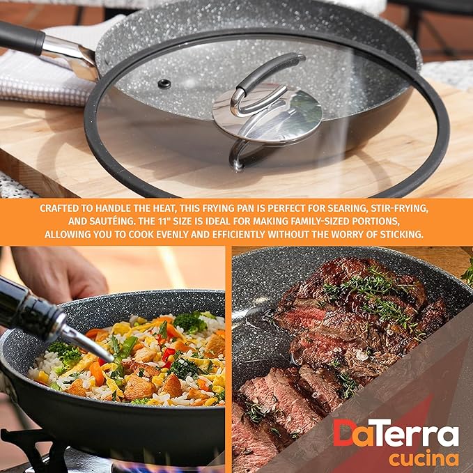 DaTerra Cucina 11" Nonstick Ceramic Frying Pan with Lid – Oven & Induction Safe, High Heat Resistant Nonstick Cookware, Dishwasher Safe, Durable & Stylish - Volcanic Black Speckled – Made in Italy