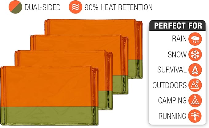 Swiss Safe 4 Pack Mylar Emergency Blankets for Survival - Compact & Insulated for Cold Weather - Designed for NASA, Outdoor, Running, Camping, Survival, First Aid Car Kit - Orange & Green, 4 Pack