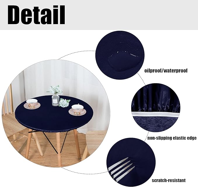 LUSHVIDA Round Waterproof Table Cover Elastic Vinyl Fitted Tablecloth Elastic Edged Plastic Table Cloth (Navy, Best for Up to 45"-56" Round)