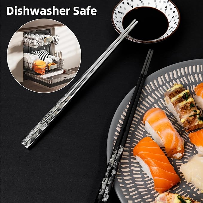 2 Pairs Reusable Stainless Steel Chopsticks, Laser-Engraved Non-Slip Grip, Dishwasher Safe, Japanese & Korean Style, Metal Chopstick Gift Set for Cooking, Dining & Travel (9")