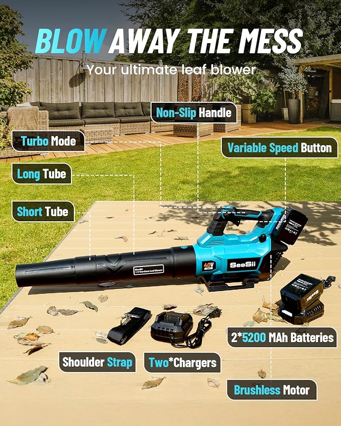 SEESII 40V Leaf Blower Cordless with 2 x 5200mAh Batteries and 2 Fast Chargers, 680CFM 210MPH Electric Leaf Blower with Variable Speed Control, Handheld Battery Blower for Lawn Care, Dust and Debris