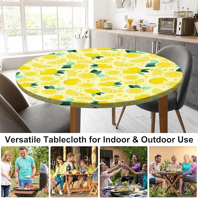 Round Tablecloth Fitted Elastic Table Cover Waterproof Table Cloth for Dinner, Party, Picnic,Camping, Round Table Cover for Indoor Outdoor