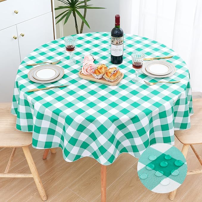 misaya 2 Pack Waterproof Vinyl Table Cloth, Buffalo Flannel Backed Tablecloth, Wipeable Plastic Table Cover for Dinner, Kitchen, Outdoor (60", Green & White)