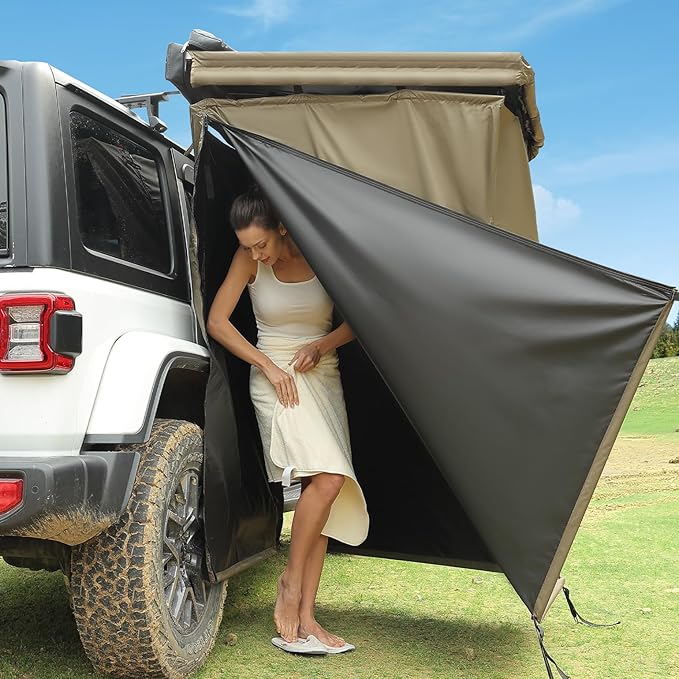 Car Shower Tent with Roof, Full Privacy Protection, Dry and Wet Separation Zones and Pockets, 1000D Waterproof Awning Shower Tent, Heavy-Duty Stakes, Outdoor Shower Enclosure for Overland SUVs