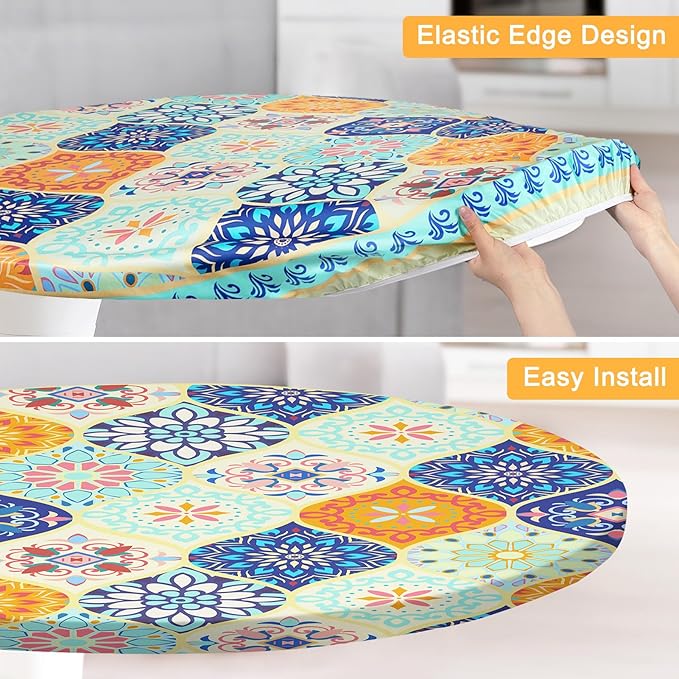 Round Tablecloth Fitted Elastic Table Cover Waterproof Table Cloth for Dinner, Party, Picnic,Camping, Round Table Cover for Indoor Outdoor