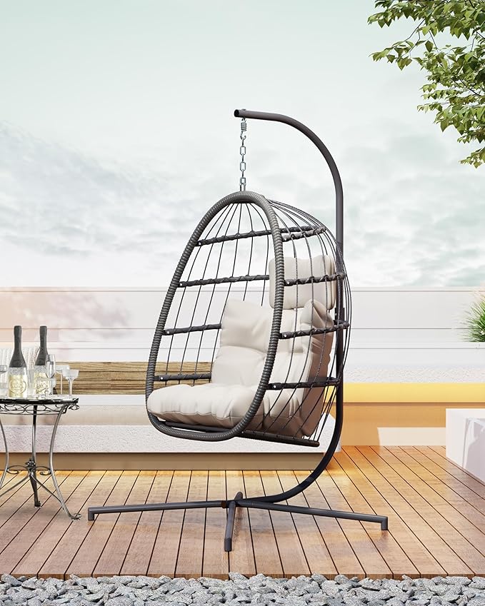 HWB Hanging Egg Chair with Stand, Patio Wicker Hammock Egg Swing Chair with Cushion for Bedroom Garden Indoor Outdoor (Beige)