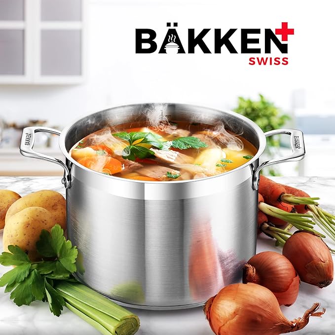 Stockpot – 8 Quart – Brushed Stainless Steel – Heavy Duty Induction Pot with Lid and Riveted Handles – For Soup, Seafood, Stock, Canning and for Catering for Large Groups and Events by BAKKEN