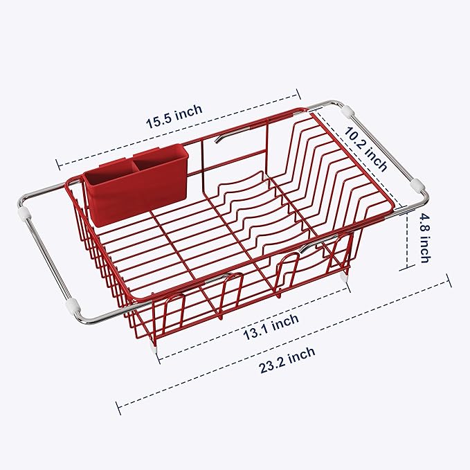 Dish Drying Rack in Sink, Red Dish Dryer Racks Over Sink, Dishes Drainers for Kitchen Sink, Stainless Steel Plates Drying Rack with Utensil Holder & Cups Holder