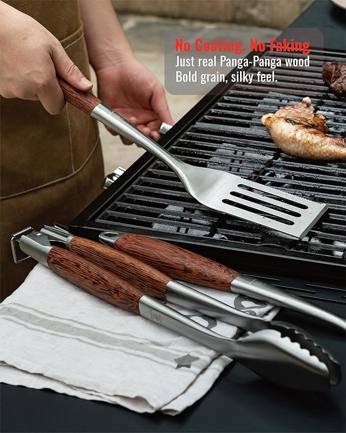 Heavy-Duty Panga-Panga BBQ Grilling Tools Set. Extra Thick Stainless Steel Multi-Function Spatula, Fork & Tongs | Essential Accessories for Barbecue & Grill. Ideal Gift for Father