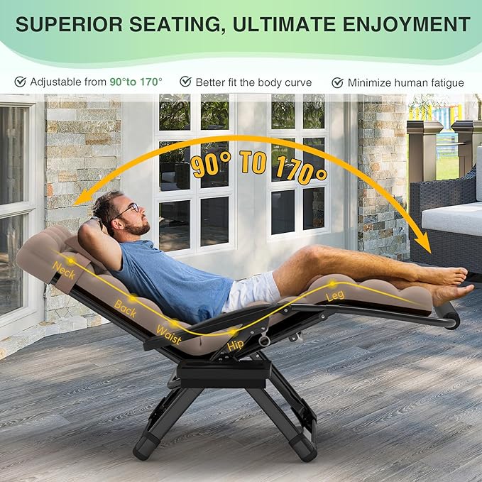 Suteck Oversized Zero Gravity Chair,29In XL Lounge Chair w/Removable Cushion&Headrest, Reclining Camping Chair w/Upgraded Lock and Footrest, Reclining Patio Chairs Recliner for Indoor Outdoor