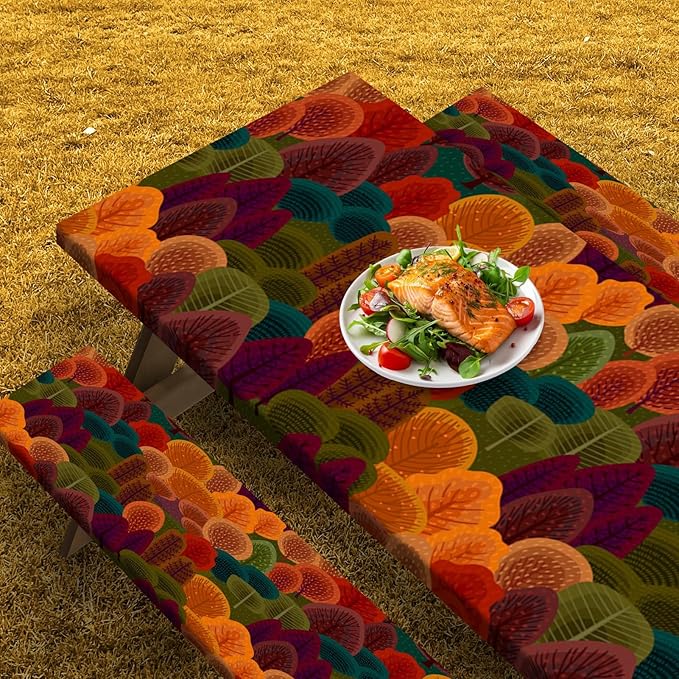 Picnic Table Cover with Bench Covers Elastic Edges, Fall Tree Fitted Table Cover, Outdoor Patio Camping Essentials 72 Inch 3PCS, Waterproof Camping Fitted Tablecloth with Drawstring Bag