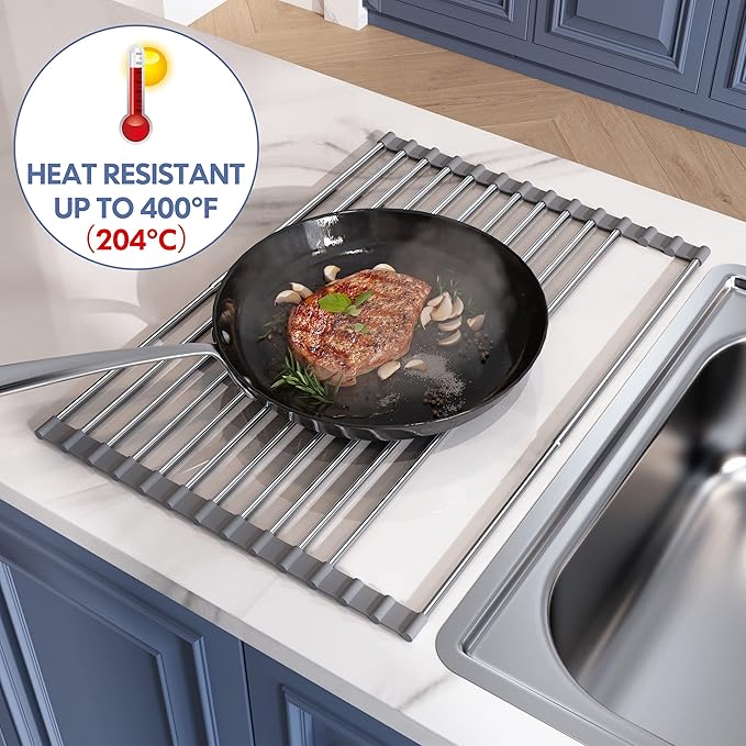 Over The Sink Dish Drying Rack for Kitchen, Expandable (12.8"-23.8" D x 15.5" W) Roll Up Dish Drainer with The Function of Fordable, Rust Proof, Large Sink Cover with Removable Utensil Holder