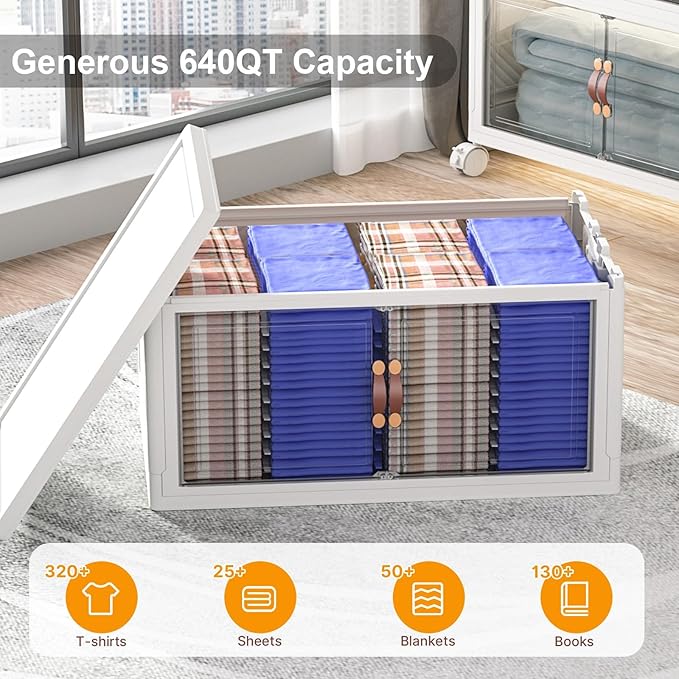Extra Large Stackable Storage Bins with Lids & Wheels & Door, 1280QT-160QT/40GAL*8Pack Foldable Collapsible Closet Organizers, Plastic containers drawers for bedroom Dorm