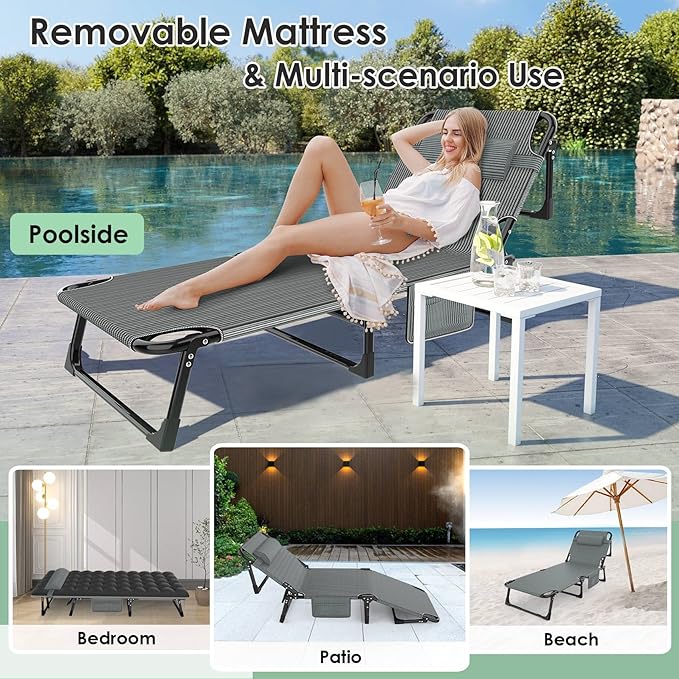 Slendor Folding Camping Cot for Adults, 5 Positions Adjustable Outdoor Bed, Lounge Chair, 1200D Layer Oxford Travel Cot With Mattress, Storage Bag, Black W/Gray Pad