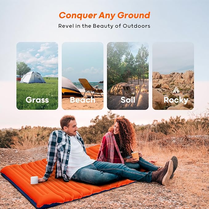 4 Inch Thick Double Sleeping Pad for Camping, with Foot Pump and Pillow, Lightweight Camping Mattress 2 Person for Outdoors, Backpacking, Hiking