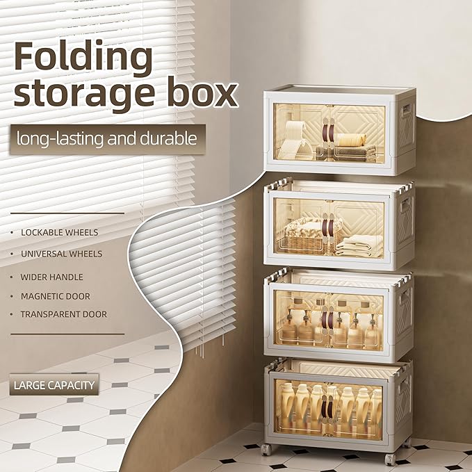 180 QT / 45 Gal Stackable Storage Bins (1 Lid) w/Wheels & Magnetic Doors, Collapsible Plastic Organizer Cabinet for Closet Office Garage - White Storage Containers