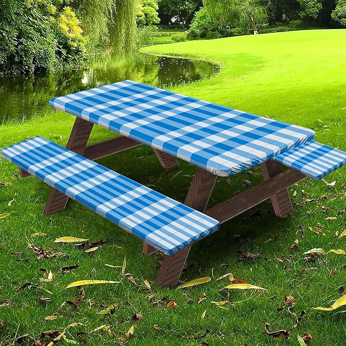 CAPSCEOLL Fitted Picnic Table Cover with Bench Covers with Elastic 6Ft Waterproof Camping Picnic Table Cover Cloths for Outdoors Camping Tablecloth with Drawstring Bag, 72X30in, Blue Checkered