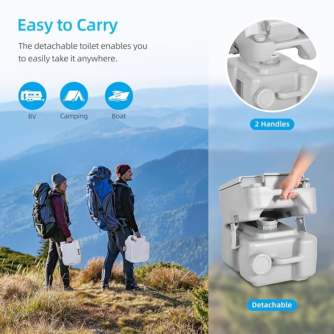 YITAHOME 6.1 Gallon Portable Toilet RV Travel Potty Detachable Waste Tank for Effortless Cleaning, T-Type Water Outlets, Handle Flush Pump for Camping, Boating, Hiking, RV, Trips