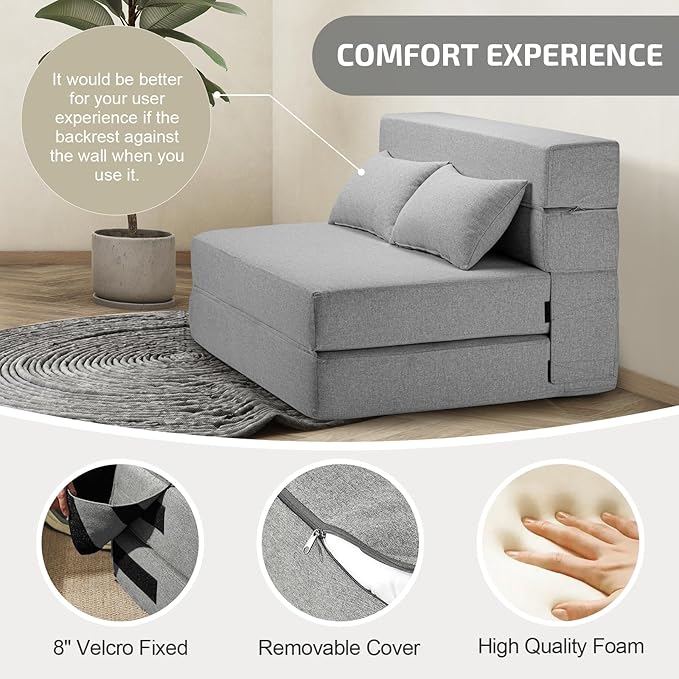 Folding Sofa Bed with Pillows- Convertible Chair Floor Couch & Sleeping Mattress, Foldable Memory Foam Sleeper for Living Room/Dorm/Guest Room/Home Office/Apartment/Loft, Twin, Light Gray