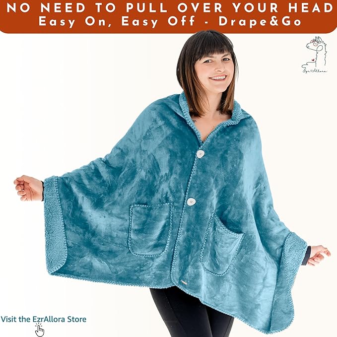 Fleece Poncho Blanket -No Sleeves- Lightweight Warm Wrap Shawl - Wearable Blanket - Lap Blanket - Gift for Grandma (100% Fleece, Royal Sky)