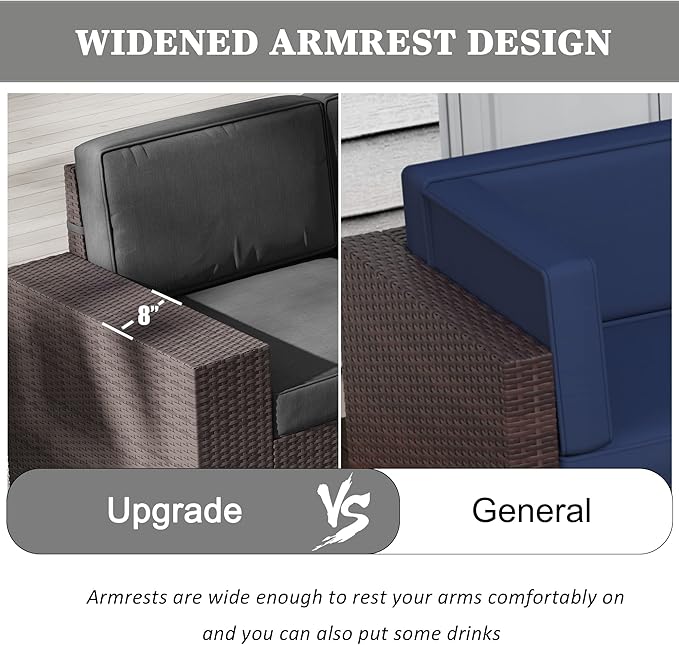 LayinSun 7 Pieces Outdoor Patio Furniture Set with 44" Fire Pit Table Brown Rattan Sectional Sofa Conversation Sets