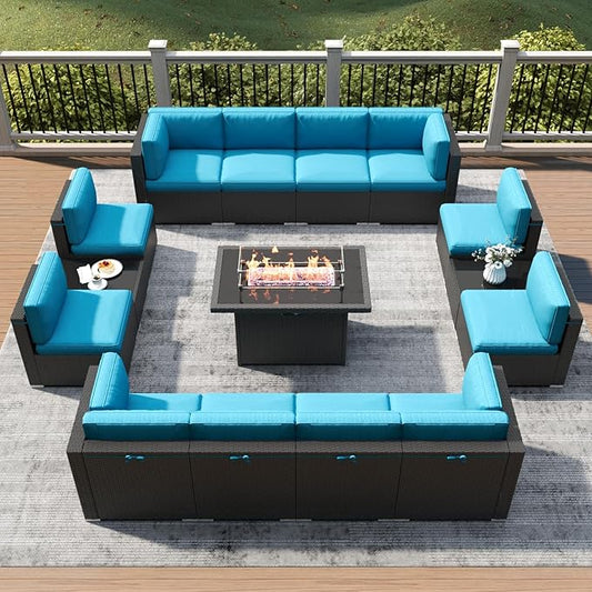 LayinSun 15 Piece Patio Furniture Set with Fire Pit Table, Outdoor Conversation Sets Wicker Rattan Sectional Sofa with Coffee Table