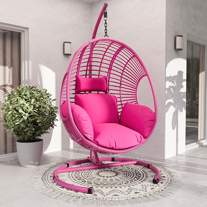 Hanging Egg Chair with Stand - Egg Swing Chair Outdoor Indoor Patio Wicker Chair Swing Hammock Egg Chairs 400lbs Capacity for Outside Patio, Bedroom, Garden and Balcony (Pink, 2P)